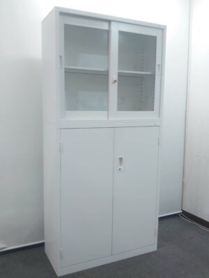 生興製 上下書庫 ガラス書庫 スチールキャビネット 鍵付き W880【中古】