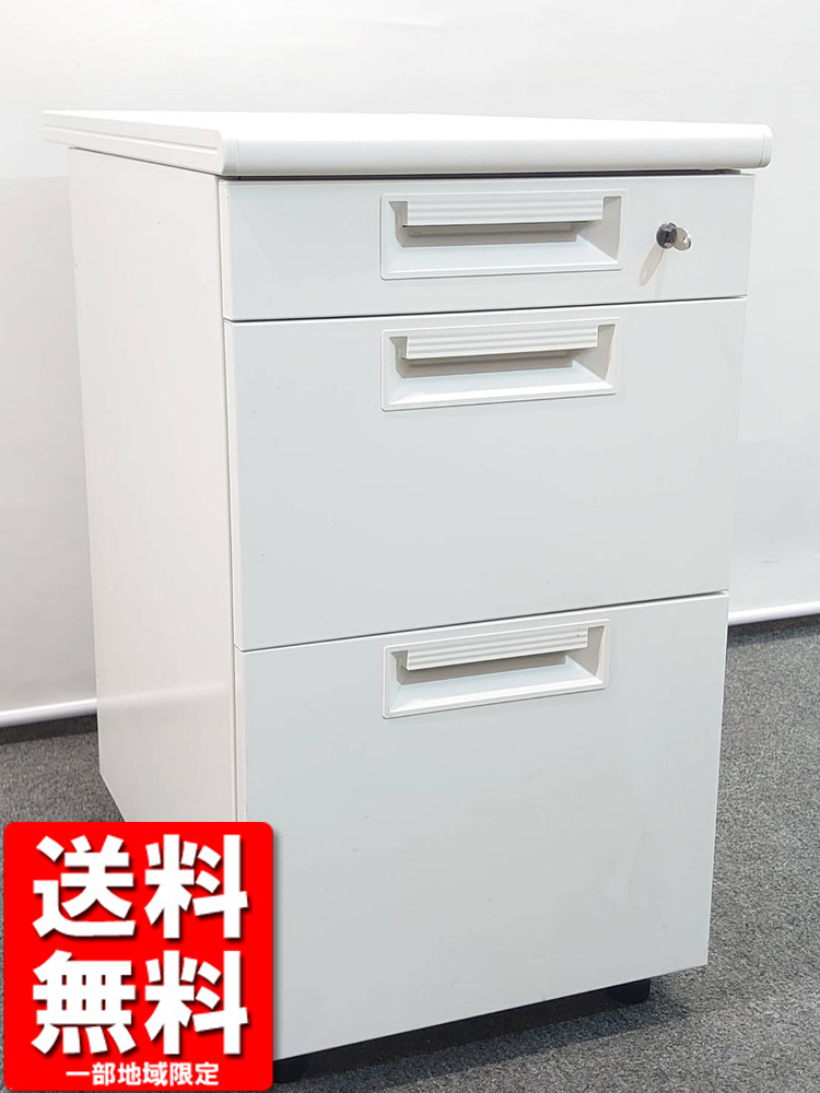 プラス JS 脇机 3段袖机 カギ付き 幅400 高さ720 奥行700 ホワイト サイドワゴン 中古