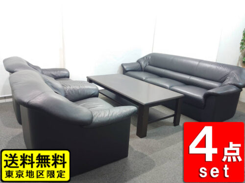 応接ソファセット 4点 ブラック 合皮 3人掛＋1人掛×2＋木目テーブル