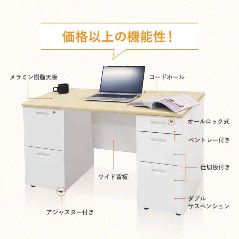 オフィスデスク 両袖机 スリム 幅1400 本体ブラック LRD-146B 新品 - 画像 (6)