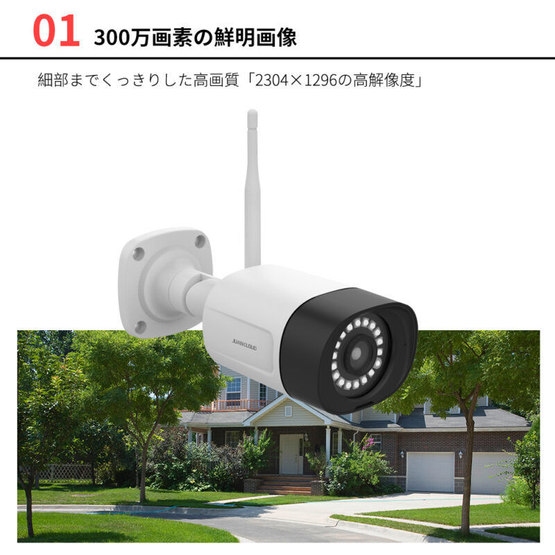 屋外IPカメラ Wi-Fi センサーライト付 防犯カメラ 300万画素 JUAN CLOUD JA-PJ2031-W 防水 夜間対応 新品 - 画像 (2)