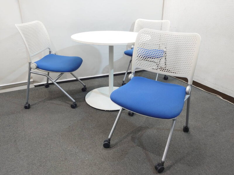 会議セット 3人用 丸テーブル Φ800 ライオン ウチダ ブルーメ スタッキングチェア 日本製 中古 - 画像 (2)