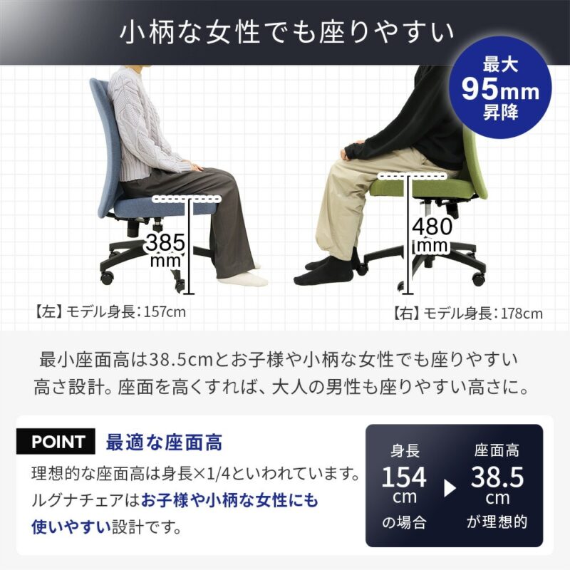 オフィスチェア 肘なし 布張り コンパクト デスクチェア LGN-1 新品 - 画像 (5)