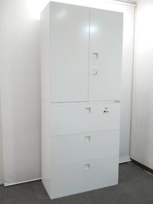 スチール書庫 ダイヤル錠付 両開きキャビネット ラテラルキャビネット オカムラ レクトライン 上下書庫 ホワイト