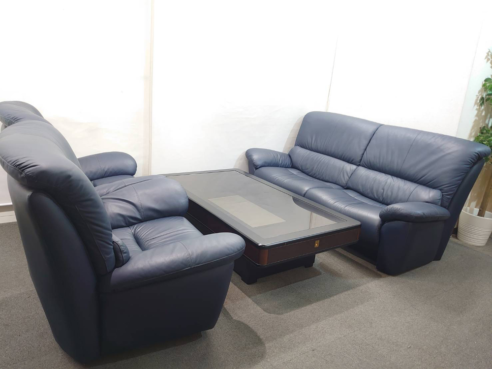 応接セット 4点セット マルニ製ソファ+カリモク製ローテーブル 革張り 天然木 リユース品 中古 - 画像 (2)