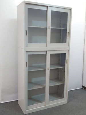 引き違い書庫 上下書庫 ガラス戸 書庫 キャビネット カギ付き W880 D450 H1800 生興 中古