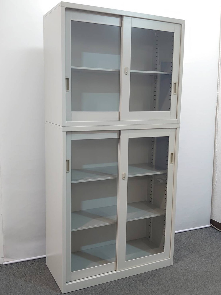 引き違い書庫 上下書庫 ガラス戸 書庫 キャビネット カギ付き W880 D450 H1800 生興 中古