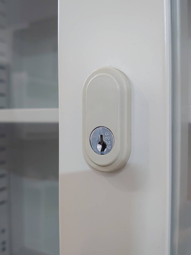 引き違い書庫 上下書庫 ガラス戸 書庫 キャビネット カギ付き W880 D450 H1800 生興 中古 - 画像 (5)