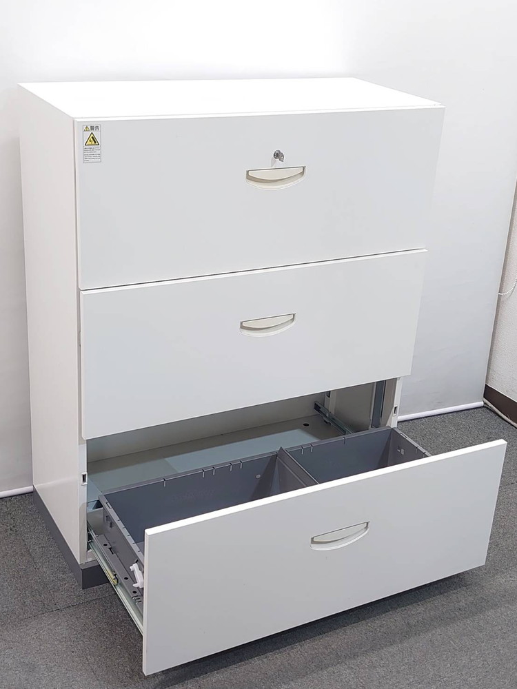 ラテラル書庫 3段 ホワイト 生興 スチール書庫 キャビネット W900 D400 H1110 RW4-310D 中古 - 画像 (4)