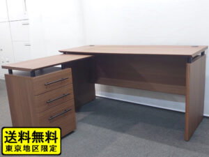 オフィスデスク W1400 サブデスク付 システムデスク L字 ワークデスク ブラウン 中古