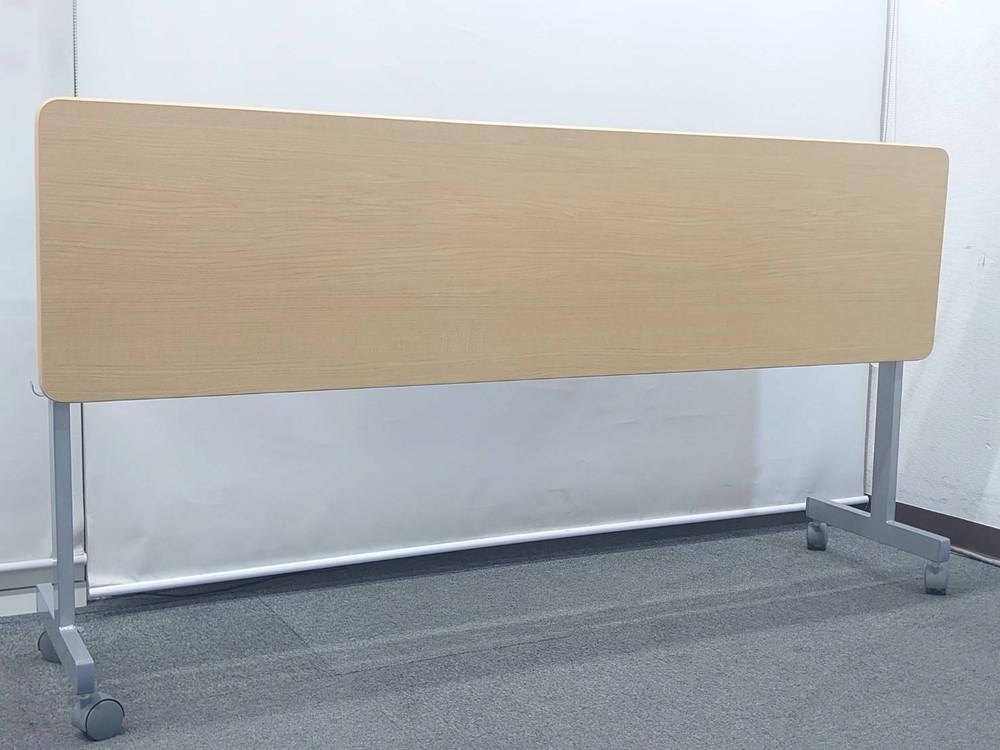 スタックテーブル 会議テーブル 折りたたみ キャスター付き W1800 D450 H700 木目ナチュラル 中古 - 画像 (3)