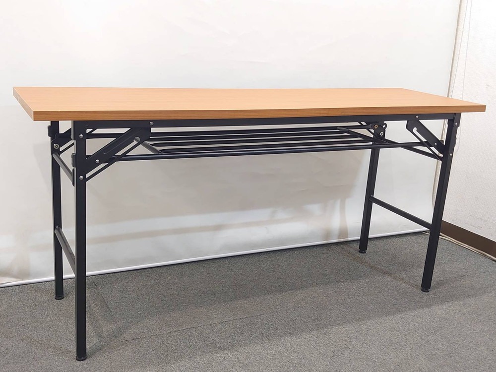 会議テーブル 折りたたみ 木目調 棚付き W1500 D450 H700 中古 - 画像 (2)