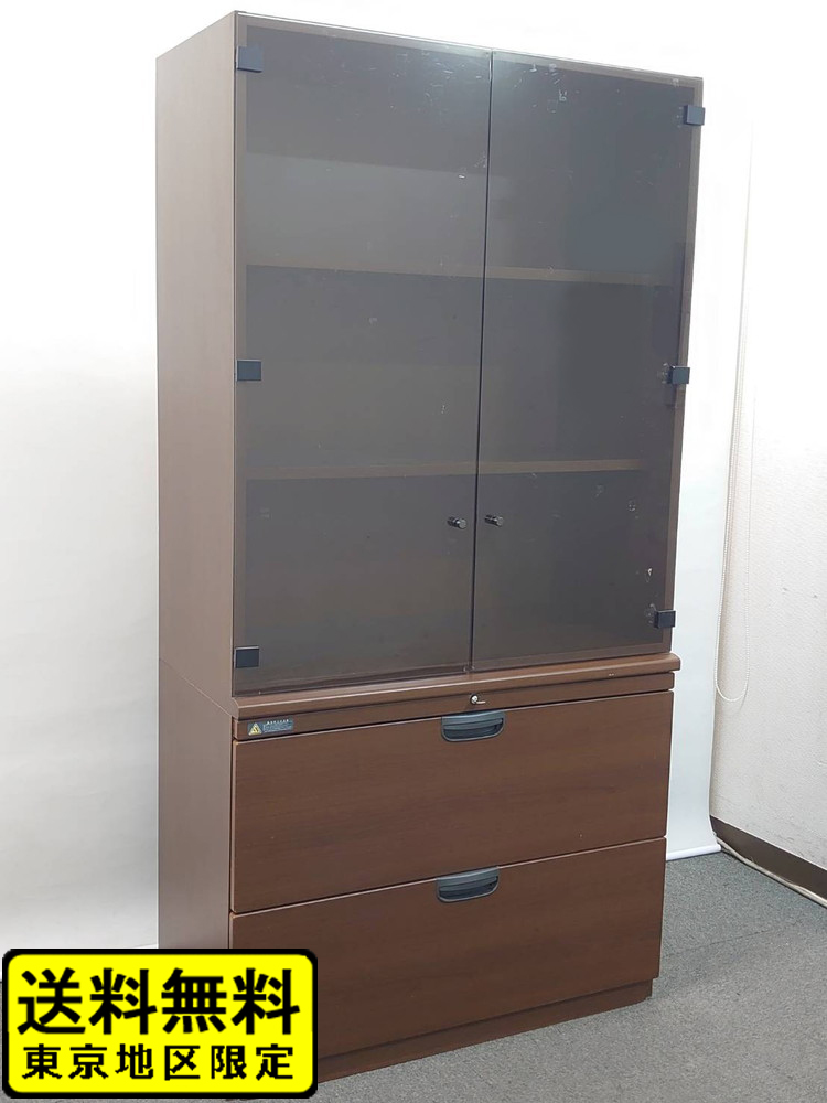 上下書庫 木製書庫 ガラス扉 役員書庫 キャビネット カギ付き オカムラ 中古
