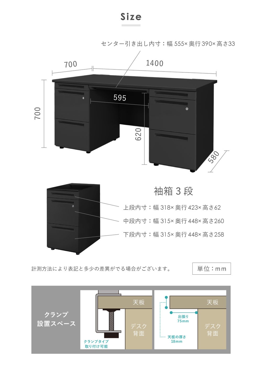 4台セット オフィスデスク 両袖机 幅1400×奥行700mm ブラック色 ルキット LKD-147B - 画像 (16)