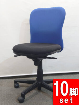 地域限定送料無料 オフィスチェア 10脚セット プラス 肘なし キャスター付き ブラック×ブルー 中古