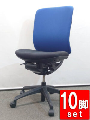地域限定送料無料 オフィスチェア 10脚セット イナバ イエラ 肘なし キャスター付き ブラック×ブルー 中古