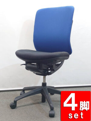地域限定送料無料 オフィスチェア 4脚セット イナバ イエラ 肘なし キャスター付き ブラック×ブルー 中古