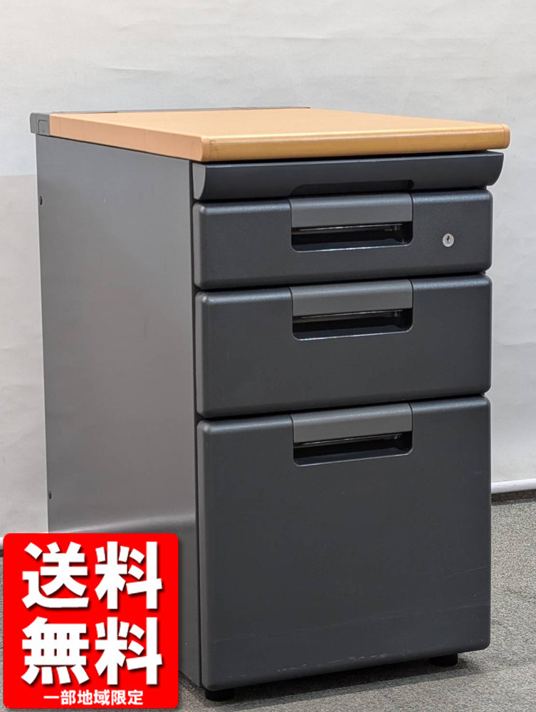 4段 脇机 袖机 ワゴン H700 プラス カギ付き キャスター付き ブラック 黒 サイドワゴン 中古