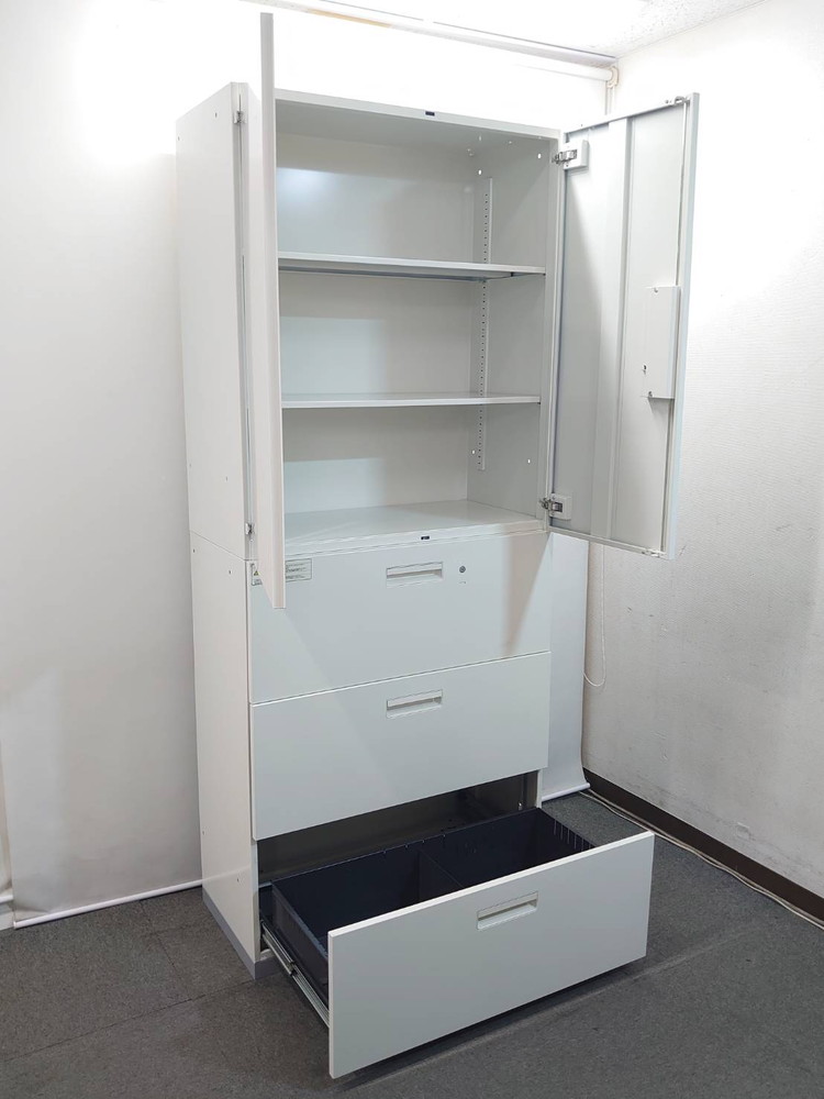 上下書庫 両開き書庫 ラテラル書庫 W900×D450×H2150 ホワイト プラス L6 キャビネット カギ付き 中古 - 画像 (2)