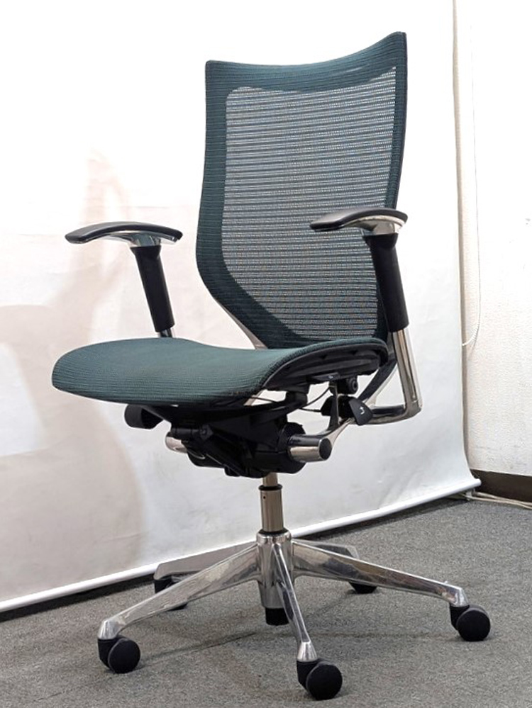 オフィスチェア メッシュチェア 肘付き オカムラ バロン グリーン CP85AR FEH5 中古 - 画像 (2)