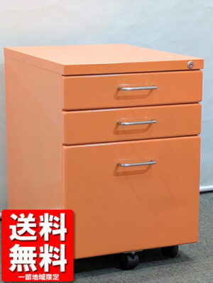 3段ワゴン 袖机 脇机 H570 デスクワゴン サイドワゴン キャスターワゴン オレンジ 中古