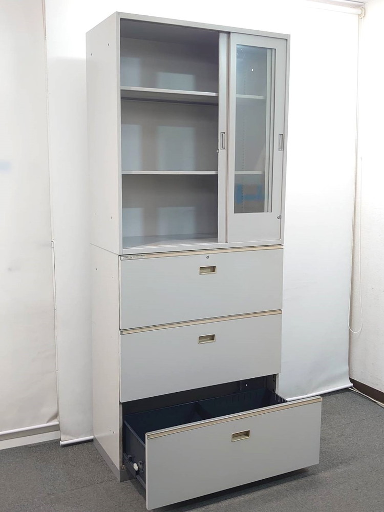 上下書庫 ガラス3枚引戸+3段ラテラル W900 D450 H2140 イトーキ シンライン HTM-109 中古 - 画像 (2)