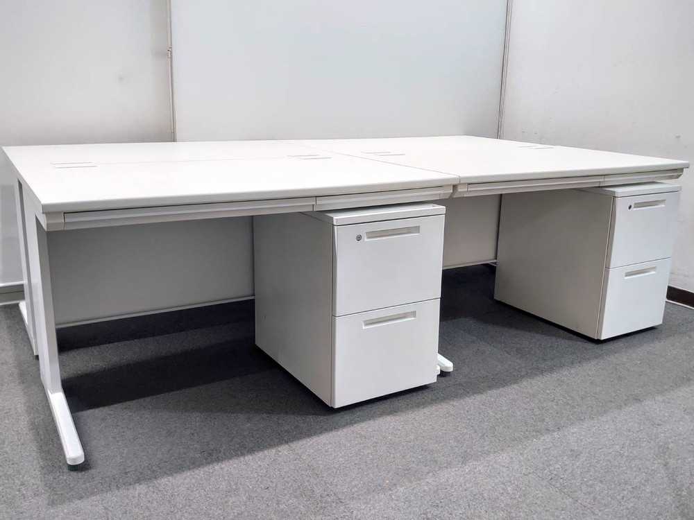 デスクセット 4人用セット 平机+2段ワゴン W1200 D700 オフィスデスク コクヨ iS カギ付き 中古 - 画像 (2)