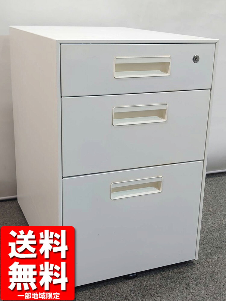 3段 ワゴン プラス W395 H615 デスクワゴン キャスターワゴン カギ付き ホワイト 中古