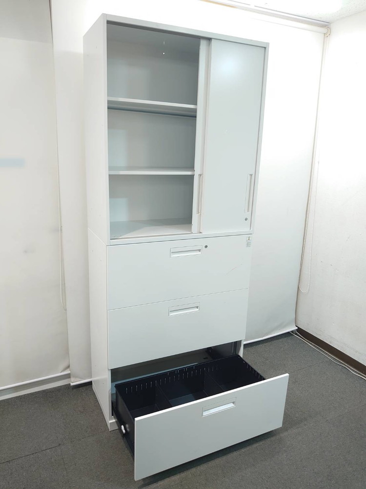 上下書庫 ウチダ コクヨ W900×D450×H2165 引き違い書庫 3枚戸書庫 キャビネット ラテラル書庫 カギ付き 中古 - 画像 (2)