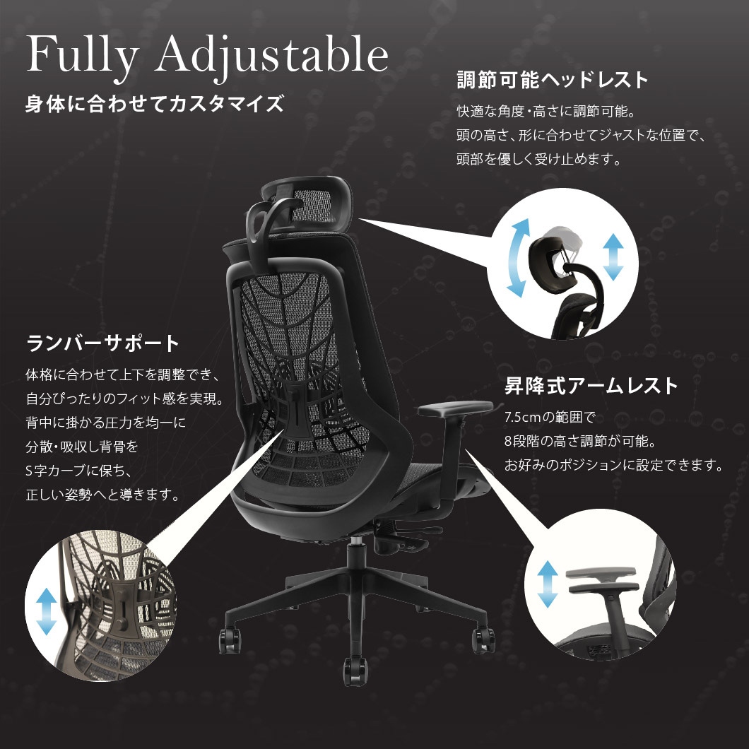 新品メッシュチェア ハイバック ランバーサポート 肘付き WLB-3A - 画像 (10)