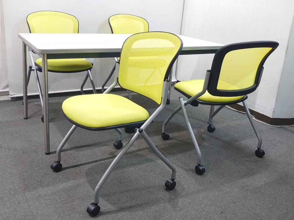 会議テーブルセット 4人用 ミーティングテーブル キャスターチェア DRCP-157MA-W7 中古 - 画像 (2)