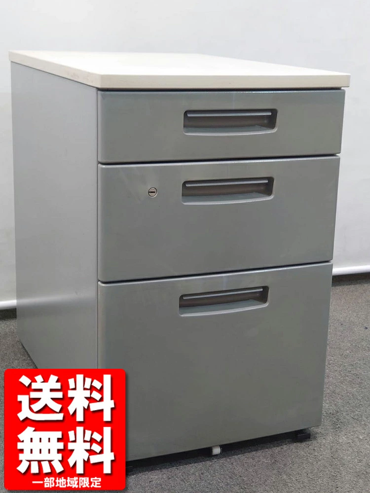 デスクワゴン 3段 キャスター付き コクヨ A46C3 カギ付き W400×D607×H610 グレー 中古