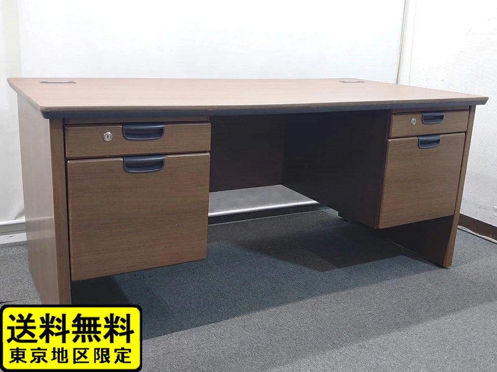 役員デスク 両袖机 カギ付き オカムラ DX-4N 木目ブラウン W1600×D800×H720 中古
